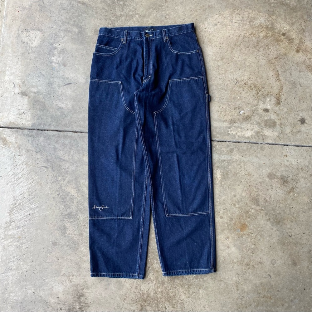 Vintage Sean Jean raw double knee carpenter denim dark wash baggy jeans.